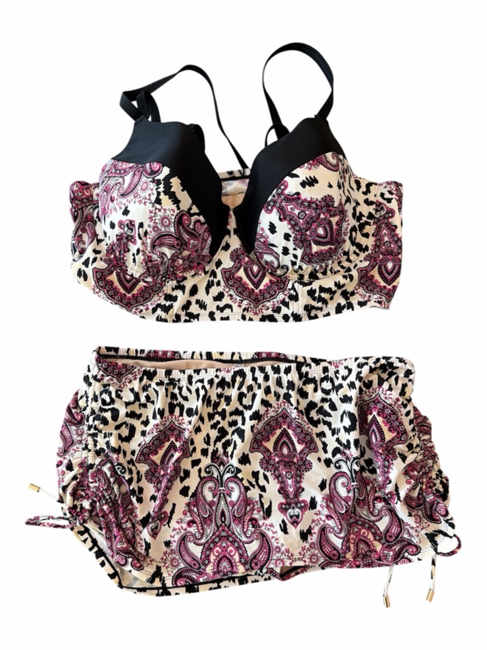Lane Bryant Cacique Paisley Cheetah Bikini Set 42DDD Top Ruched Skirt Bottoms 14